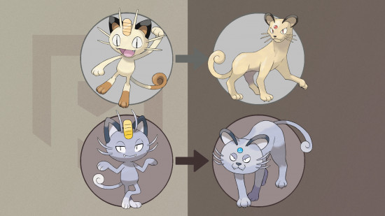 Pokemon Persian: A graphic showing the evolution lines of Meowth to Persian and Alolan Meowth to Alolan Persian on a two-tone greyish brown PT background, representing the normal and dark types