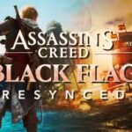 Two Assassin's Creed 4: Black Flag Resynced screenshots showing Edward standing on a ship while holding to a mast (left) and a ship at sunset (right) blended together, with a custom, differently colored variant of the game's logo visible in the foreground.