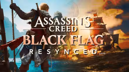 Two Assassin's Creed 4: Black Flag Resynced screenshots showing Edward standing on a ship while holding to a mast (left) and a ship at sunset (right) blended together, with a custom, differently colored variant of the game's logo visible in the foreground.