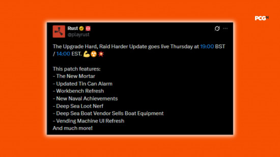 Rust update mortar: a social media post outlining the changes coming to popular survival game Rust.