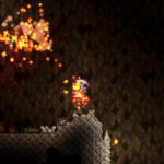 Terraria update 1.4.5.7 - A Flameburst Sentry Summon carried on the player's back fires at cave bats.