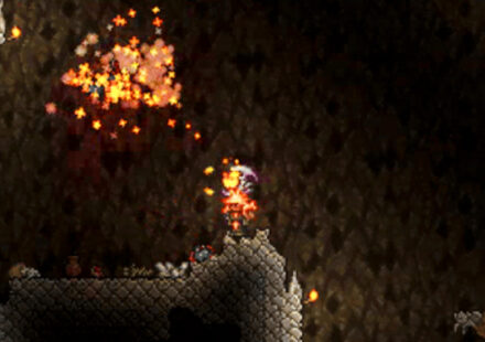 Terraria update 1.4.5.7 - A Flameburst Sentry Summon carried on the player's back fires at cave bats.