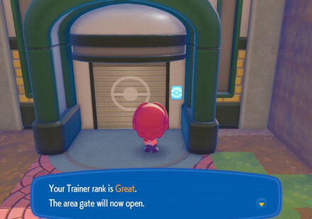 A character checking their pokemon pokopia trainer rank at a gate