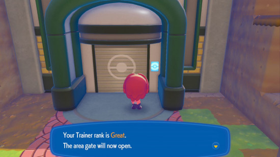 A character checking their pokemon pokopia trainer rank at a gate