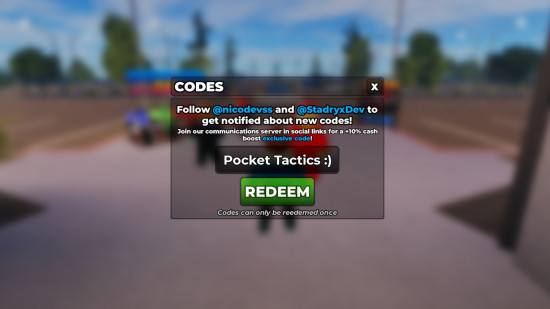 Wheelie District codes redemption screen with Pocket Tactics filled in to demonstrate where the code goes