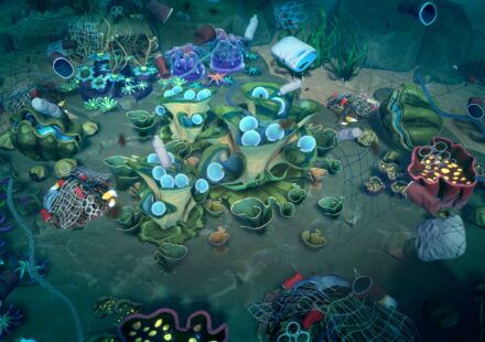 Life Below screenshot showing the landscape under the ocean strewn with fishing nets.