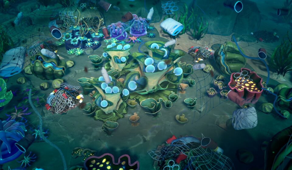 Life Below screenshot showing the landscape under the ocean strewn with fishing nets.