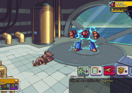 Indie Pass Coromon: An image of two monsters battling inside a lab area