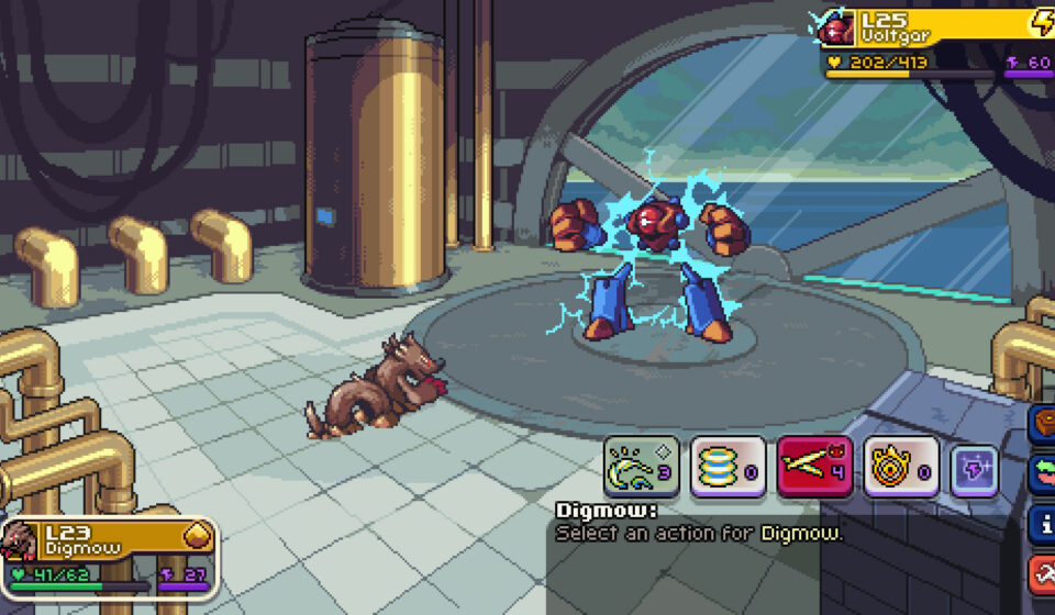 Indie Pass Coromon: An image of two monsters battling inside a lab area