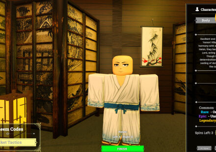 Echoes of Heian codes: A screenshot of the character menu featuring a bald character in the centre. The codes box in the bottom left says Pocket Tactics and there's a PT logo in the top right corner