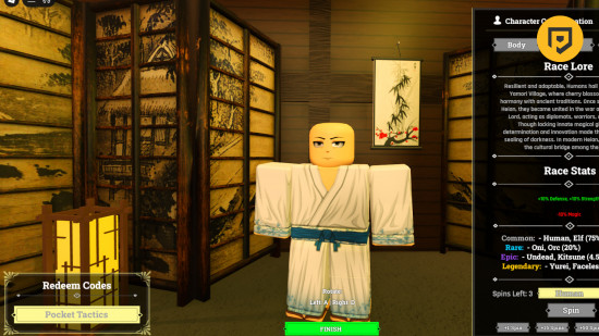 Echoes of Heian codes: A screenshot of the character menu featuring a bald character in the centre. The codes box in the bottom left says Pocket Tactics and there's a PT logo in the top right corner