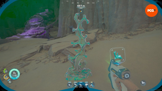 Subnautica 2 Conduit Crystal: a tall formation of crystal on the seabed.
