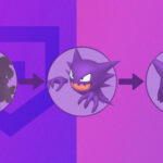Pokemon Gastly, Pokemon Haunter, and Pokemon Gengar with arrows between them to show the evolution on a pink and purple background