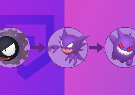 Pokemon Gastly, Pokemon Haunter, and Pokemon Gengar with arrows between them to show the evolution on a pink and purple background