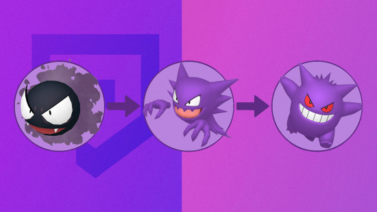 Pokemon Gastly, Pokemon Haunter, and Pokemon Gengar with arrows between them to show the evolution on a pink and purple background