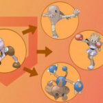 Pokemon Hitmonchan: Hitmonchan's evolution graphic including Hitmonlee, Hitmontop, and Tyrogue, on a fighting-orange PT background