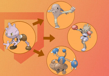 Pokemon Hitmonchan: Hitmonchan's evolution graphic including Hitmonlee, Hitmontop, and Tyrogue, on a fighting-orange PT background