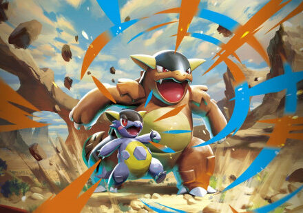 the pokemon Kangaskhan and its baby surrounded by rocks