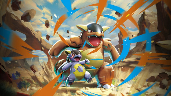 the pokemon Kangaskhan and its baby surrounded by rocks