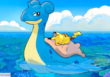 Pokemon Lapras carrying Pikachu on its shell in its TCG Pocket card art