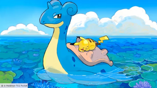 Pokemon Lapras carrying Pikachu on its shell in its TCG Pocket card art