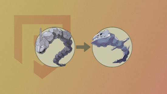 Pokemon Onix: Onix's evolution chart into Steelix on a brown PT background