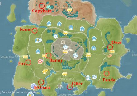 Heartopia animals - map of all locations for the eight wild animal types. Ring to mark where they are in red, plus red text to label. If you cannot see this picture, there are descriptions underneath.