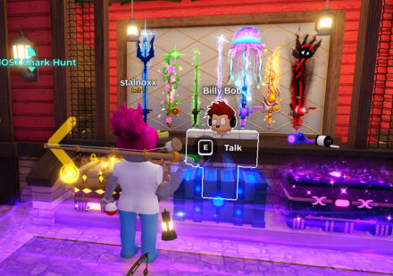 A character buying Fish It rods in the Roblox game