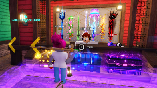 A character buying Fish It rods in the Roblox game