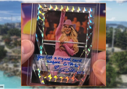 Even WWE legend Trish Stratus is throwing shade at GTA 6's delay. An image of the signed trading card.