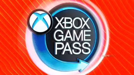 A glowing blue Xbox Game Pass sign on a red background with thin diagonal stripes.