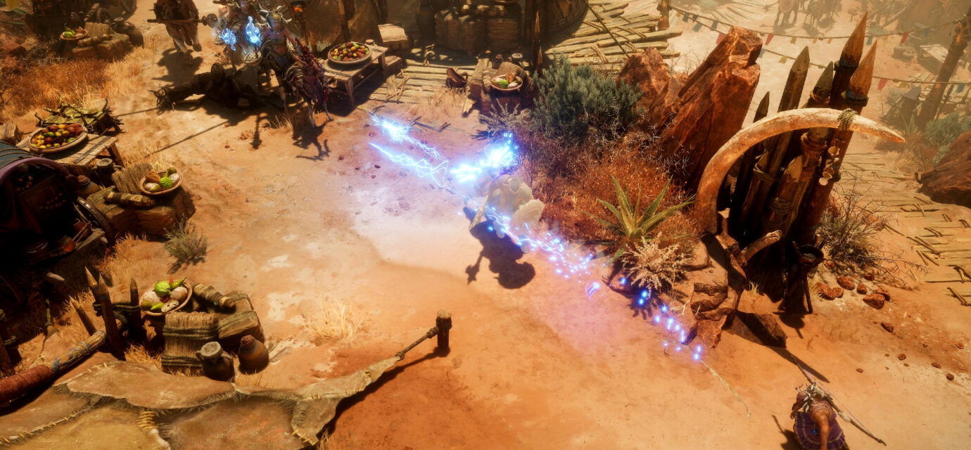Titan Quest 2 Chapter 4 - A player unleashes lightning bolts towards enemy combatants.