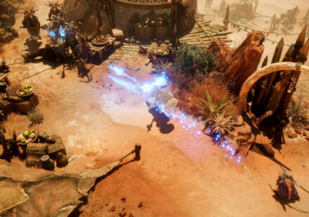 Titan Quest 2 Chapter 4 - A player unleashes lightning bolts towards enemy combatants.