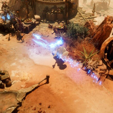 Titan Quest 2 Chapter 4 - A player unleashes lightning bolts towards enemy combatants.