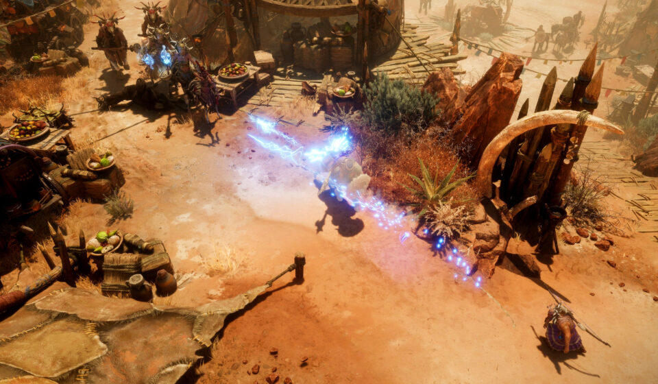 Titan Quest 2 Chapter 4 - A player unleashes lightning bolts towards enemy combatants.
