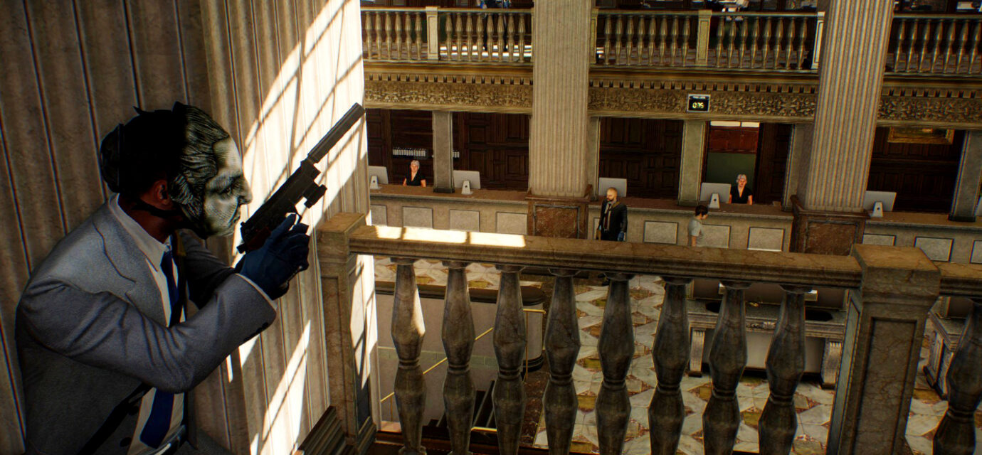Payday 2 - A criminal in a suit takes cover in the upstairs of a large bank.