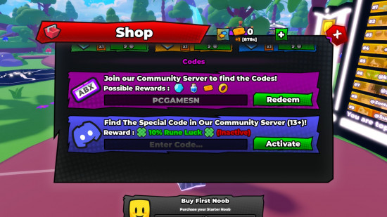 Redeeming Noob Incremental codes on Roblox.