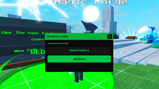 Elemental Magic Arena codes redemption screen with Pocket Tactics filled in where the code goes