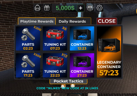 Car Flipper codes: A screenshot of the rewards menu in Car Flipper with Pocket Tactics in the box and a PT logo in the top right corner