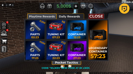 Car Flipper codes: A screenshot of the rewards menu in Car Flipper with Pocket Tactics in the box and a PT logo in the top right corner