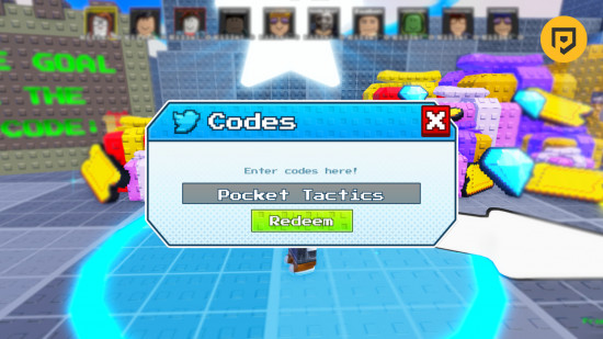Element Arena codes: A screenshot of the codes box with Pocket Tactics in the slot and a PT logo in the top right corner