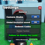 Excuse Me Sir codes: A screenshot of the codes box with Pocket Tactics in the slot and a PT logo in the top right corner