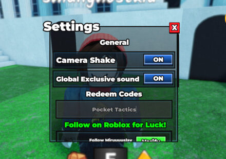 Excuse Me Sir codes: A screenshot of the codes box with Pocket Tactics in the slot and a PT logo in the top right corner