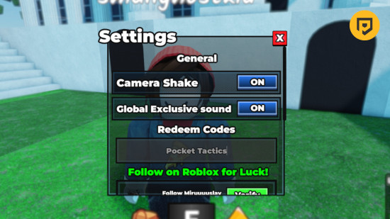 Excuse Me Sir codes: A screenshot of the codes box with Pocket Tactics in the slot and a PT logo in the top right corner