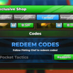 Fishing Chef codes: The codes box in the game with Pocket Tactics in the box and a PT logo in the top right corner