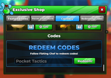 Fishing Chef codes: The codes box in the game with Pocket Tactics in the box and a PT logo in the top right corner