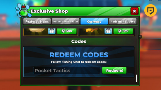 Fishing Chef codes: The codes box in the game with Pocket Tactics in the box and a PT logo in the top right corner