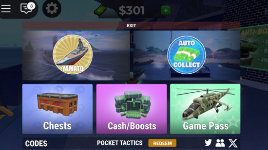 Navy Tycoon codes redemption screen with the code as Pocket Tactics