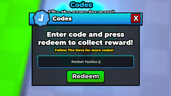 Sail Your Boat codes redemption screen with Pocket Tactics filled in where the code goes