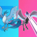 The two forms of the Pokemon Articuno on a blue and pink background